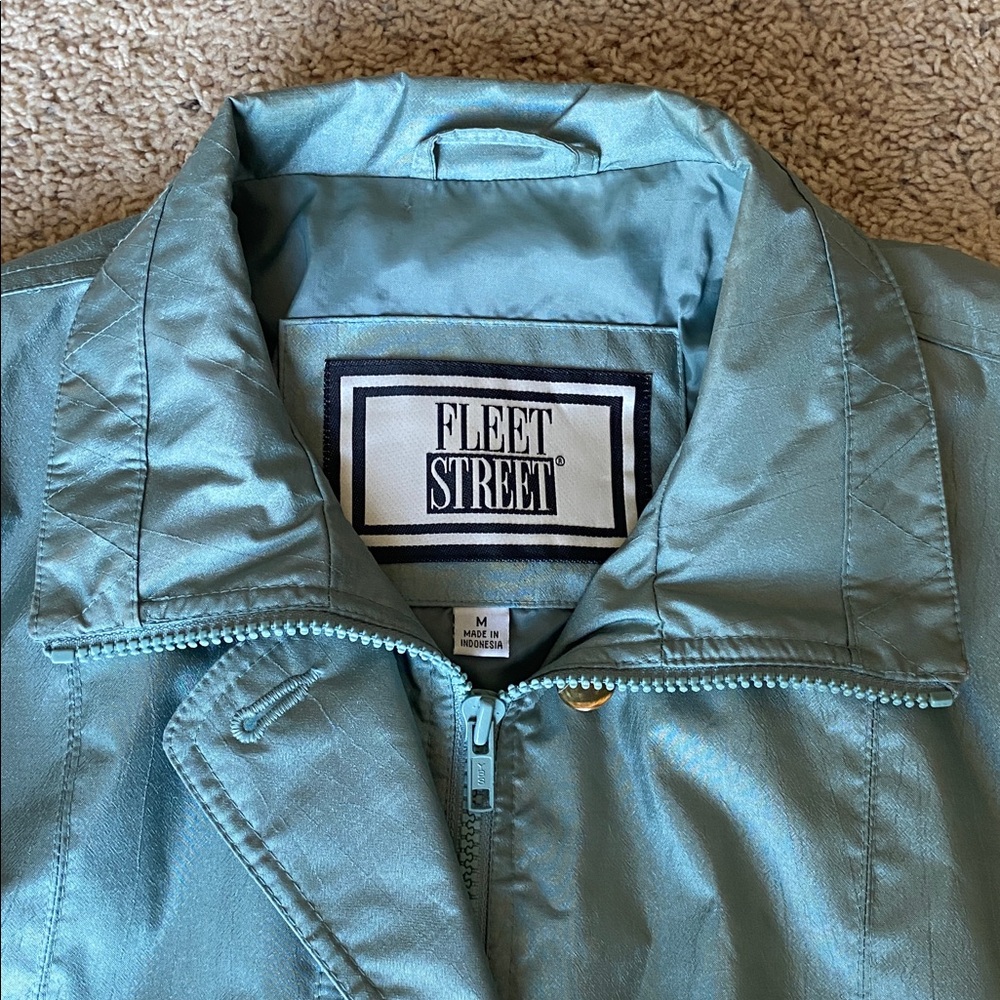 Vintage Fleet Street Teal Shimmer Trench Coat 80s Cinch Waist Jacket - Picture 2 of 8